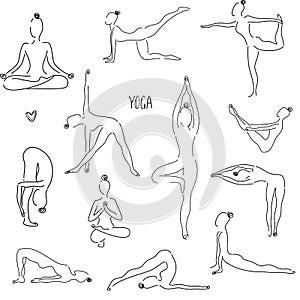 Black and white seamless pattern of yoga poses. Yoga abstract background with asanas, symbols and text