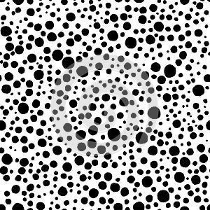 Black and white seamless polka dot pattern. Random ink circles and splashes. Cute simple doodle style pattern. Background for