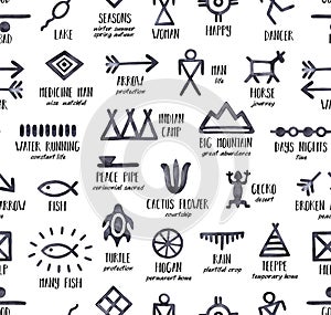 Black and white seamless repeatable pattern with Native American Symbols and their meanings.