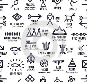 Black and white seamless repeatable pattern with Native American Symbols and their meanings. photo