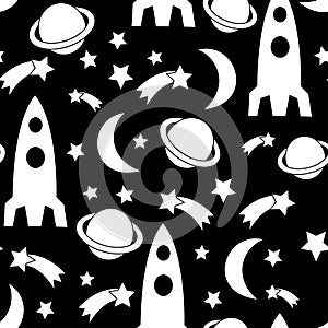 Black and white seamless space pattern. Cosmic background with stars, planet, spaceship, rocket, moon.