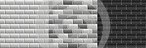 Black and white seamless textures of subway tiles. Set of vector grayscale bricks wall