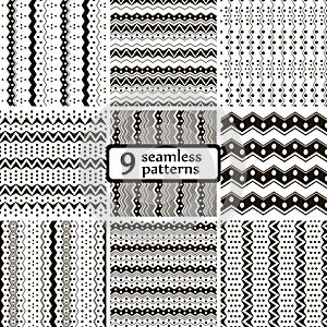 Black and white seamless tribal patterns with zigzags and dots