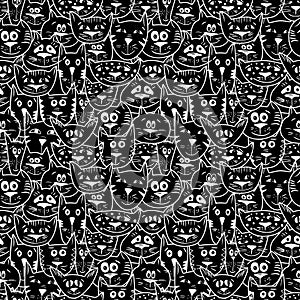 Black and white seamless vector pattern with cat faces
