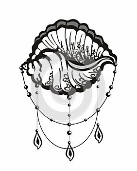 Black and white seashell. Hand drawn illustration of sea Shell on isolated background. Underwater line art for icon or logo.