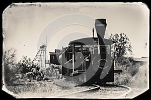 Black and White Sepia Vintage Photo of Old Train in Goldfield Gold Mine Ghost Town in Youngsberg, Arizona