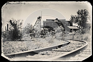 Black and White Sepia Vintage Photo of Old Train tracks in Goldfield Gold Mine Ghost Town in Youngsberg, Arizona