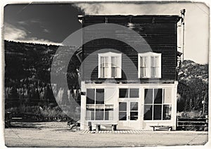 Black and White Sepia Vintage Photo of Old Western Wooden Building in St. Elmo Gold Mine Ghost Town in Colorado