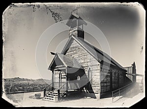 Black and White Sepia Vintage Photo of Old Western Wooden Church in Goldfield Gold Mine Ghost Town in Youngsberg