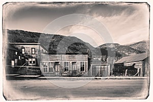 Black and White Sepia Vintage Photo of Old Western Wooden store in St. Elmo Gold Mine Ghost Town in Colorado