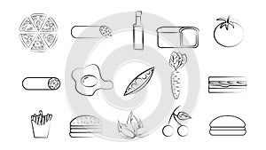 Black and white set of 15 food and snack items icons for restaurant bar cafe: pizza, sausage, butter, bread, tomato, egg, peas,