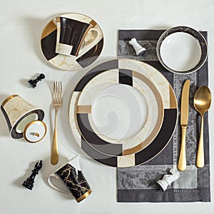 Black and white set of clean tableware, dishes, plates, utensils