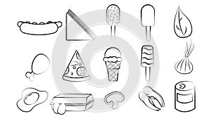 Black and white set of 15 food and snack items icons for restaurant bar cafe: hot dog, sandwich, pizza, ice cream, eggs, fish. The