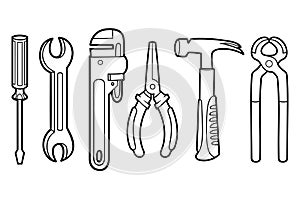Black and white set of instruments - Hammer, Wrench, Screwdriver, Pliers, Pincers