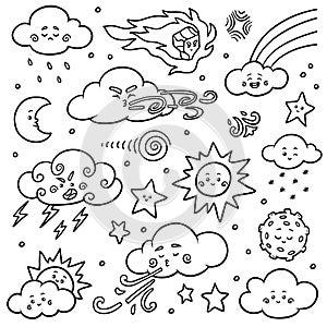 Black and white set of nature objects. Vector cartoon collection of weather icons