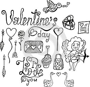 Black-white set for Valentine`s Day. The inscription `I love you`, Cupid, arrows, rose, cake, postcard, swans and a bird with a he