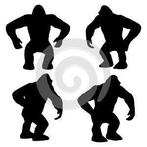 Black and white set vector gorilla, chimpanzee silhouette isolated on white background