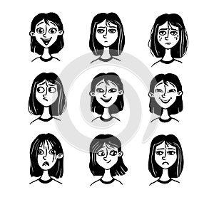 Black and white set of woman\'s emotions. Facial expression