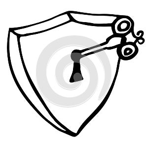 Black and white shield icon with key in lock, protection concept, vector illustration