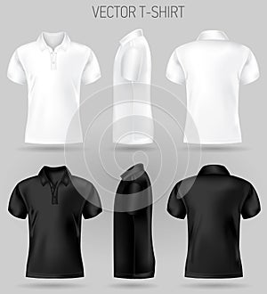 Black and white short sleeve polo shirt design templates front, back, and side views .