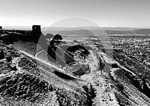 A black and white shot of the Biblical city of Pergamon