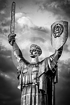 Black and white shot of Motherland statue in Kyiv