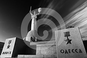 Black and white shot of Motherland statue in Kyiv