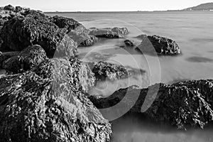 Black and white shot of the rocks and very blurry sea from the Sandsfoot beach in Dorset, UK