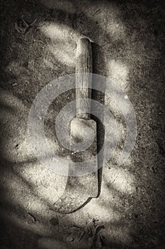 Black and white shot of a wooden handled hatchet gardening tool, shot from above on a shed floor