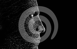 Black and white side view abstract human face, 3d rendering of a cyborg head construction, artificial intelligence concept
