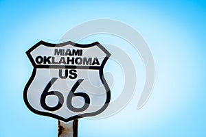 Black and white sign on US Route 66 in Miami, Oklahoma