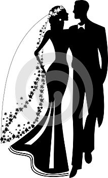 black and white silhouette of a couple in love, girl and boy, bride