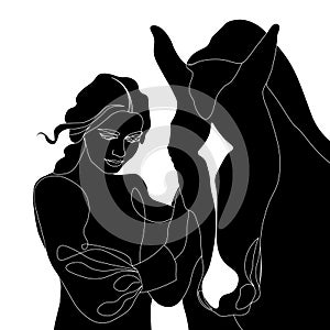 Black and white silhouette of a girl next to a horse