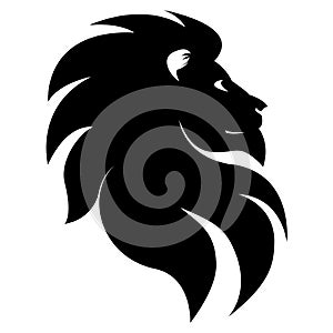 Black and white silhouette of a lion. Portrait of a lion. Lion head. Design for logo, trademark, tattoo, striker. Vector