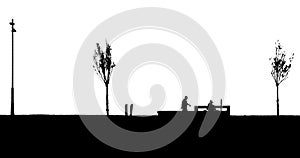 Black and white silhouette of man walking and children riding bicycle.
