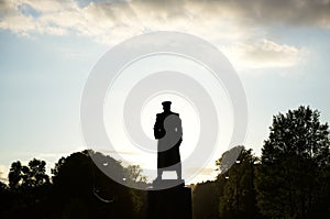 Black-and-white silhouette of Marshal Zhukov in Victory Park