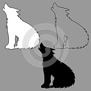 Black and white silhouette with the outline of a howling wolf. Vector illustration isolated on gray, logo icon