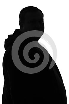 Black and white silhouette of paunchy male