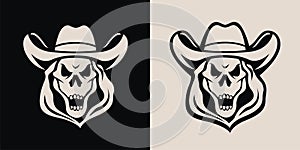 Black and white silhouette of skull head wearing cowboy hat