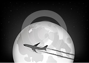 Black and white silhouette of th plane flying against the background of the full moon and the starry night sky, horizontal vector