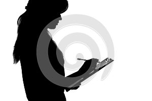 Black and white silhouette of a young woman thinking whether to accept the offer and whether to sign a document which is already