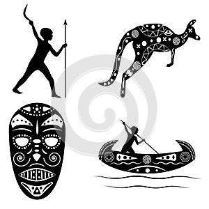 Black - white silhouettes of traditional Australian shaman mask, native with a boomerang, a boat and a kangaroo.