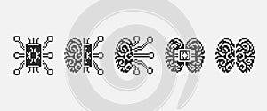 black and white simple 1bit pixel art set of artificial intelligence icons