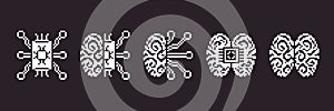 black and white simple 1bit pixel art set of artificial intelligence icons. brain and chipset