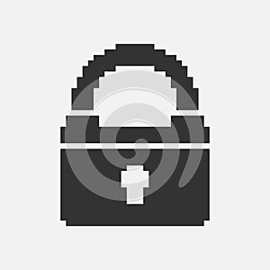 black and white simple 1bit vector pixel art icon of retro vintage locked padlock. privacy and access safety