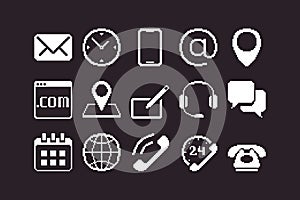 black and white simple 1bit vector pixel art set of contact us icons on black background