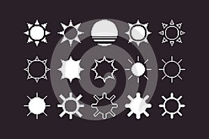 black and white simple 1bit vector pixel art set of retro cartoon sun icons. sunlight sign