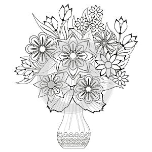 Black and white simple flowers bouquet in a vase. Coloring book page.