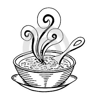 Black and white simple hand drawn doodle of a bowl of soup