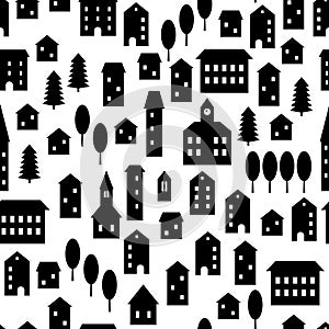 Black and white simple houses and buildings small town empty streets seamless pattern, vector